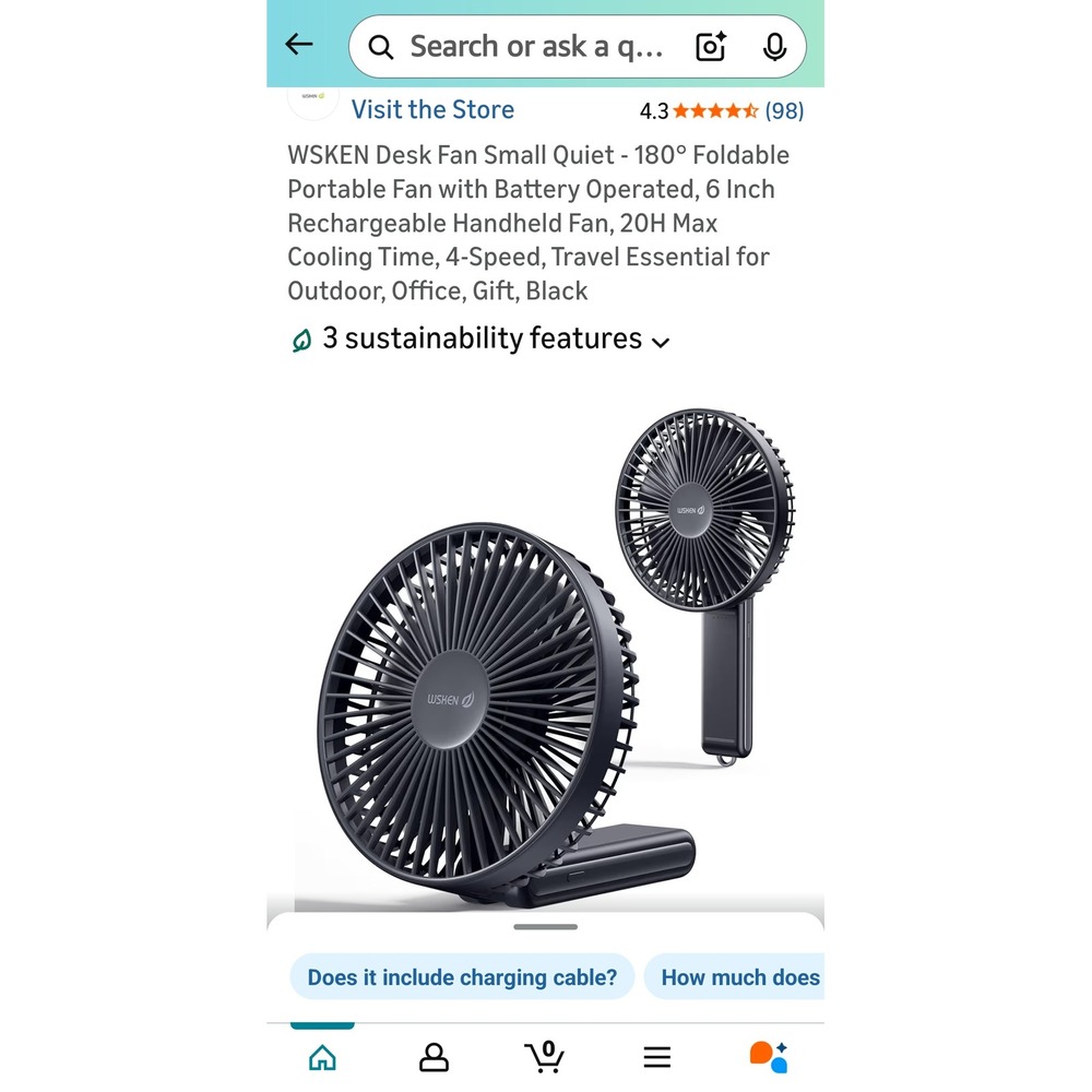 WSKEN Black Foldable Portable Desk Fan Battery Operated 6 Inch‎ Rechargeable